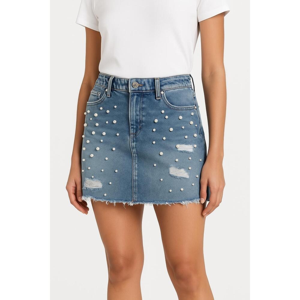 Mavi Skirt Womens‎ Mini Blue Denim Distressed Pearl Frayed Hem Trendy